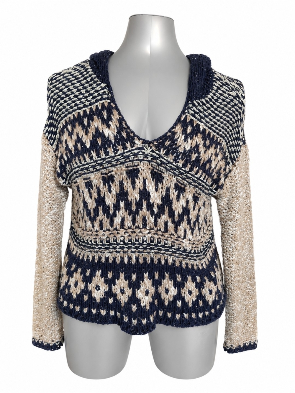 Free People Fair Isle Hooded Knit Chunky Sweater Large - Picture 3 of 6